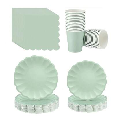 10件/20件/40件/50件/套，扇形纸盘9英寸7英寸贝壳边一次性晚餐托盘纸杯纸巾生日婚礼派对装饰（薄荷绿）母亲节礼物婚礼生日派对用品日常野餐露营托盘