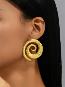 1 Pair Elegant Spiral Geometric Asymmetrical Shaped Gold Color Earrings, Sophisticated Simple Design Suitable For Daily Wear