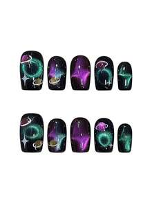 10 Stücke Sommer süße coole Y2K Katzenaugen-Acryl-Aufnägel kurz quadratisch, handgemacht mit Gelee-Kleber und Nagelfeile, DIY Nagelkunst Zubehör für Valentinstag, Musikfestival, Schule, Reisen, handgemachte Aufnägel - Verschiedenfarbig - Übersicht 6
