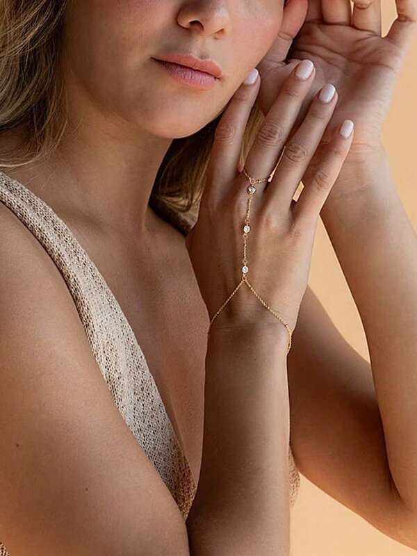 Pulseira de corrente de mão dourada para mulheres, pulseira delicada de strass, corrente de mão, anel de dedo, acessórios de joias para mulheres, presentes para o dia das mães