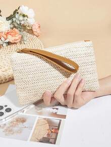 女士个性化手拿包，可定制姓名，个性化草编钱包，草编钱包，女士拉链手提包 - 优雅条纹卡其色手机袋，生日、周年纪念日、母亲节和感恩节的完美礼物