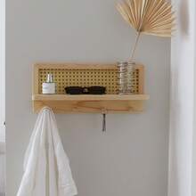 1 件壁挂式衣帽架，带搁板，PE 藤条壁挂式衣帽架，带 4 个挂钩的木质衣架，藤条钥匙扣，适用于玄关、门厅、走廊、办公室的墙壁收纳架 - 彩色 - 查看 3