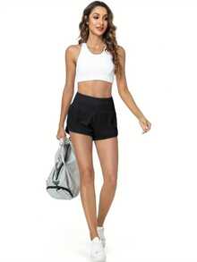 Womens High Waisted Running Shorts Quick Dry Athletic Workout Shorts With Mesh Liner Zipper Pockets - Black - View 1