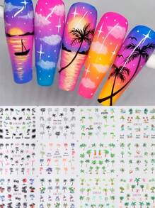 12 designs de adesivos de transferência de água para unhas com coqueiros de verão, design de praia de coco tropical, decalques de resina autoadesivos para unhas, slides de manicure com tema de praia, decoração de unhas, acessórios e suprimentos para unhas