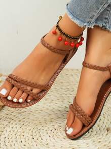 Newly Designed Plus Size Women Casual Comfortable Round Toe Woven Slip-On Sandals With Elastic Straps, Simple Minimalist Flat Beach Shoes For Summer