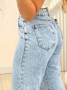 Women's Jeans, Y2K Style Women's Wear Solid Color Wash Blue High-Waisted Jeans, Loose Diagonal Pocket Zipper Button Open And Close Jeans,  Women's Jeans And Clothing, Pantalon Jean Mujer Women Clothes,Jeans Para Mujer,Pantalones De Mujer Jean,Ropa De Mujer,Tall Jeans Women, Suitable For All Seasons,Valentine's Day,Clothes,Valentine Outfits For Women, With Pocket Design, Suitable For Outdoor Outfits, Cocktail Parties, Parties, Christmas Nightclubs, Banquets, Film Festivals, Cinemas, Balls, Cocktail Parties, Bars, Weddings, Graduation Ceremonies, Homestay, Birthday Parties, Rebellious Girls, Festival-Themed Parties, Outings, Streetwear, Fashion Shows, Dates, Valentine's Day, Working Outside Universities, Schools, Villages, Concerts, Street Girls, Teenage Girls, Country-Style Women's Clothing, The Best Women Out, Women's Vacation Clothing Country Concert - 藍色 - 查看 4