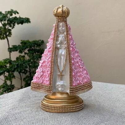 Nossa Senhora Aparecida 22cm Flor Rosa com Pérola Rosa