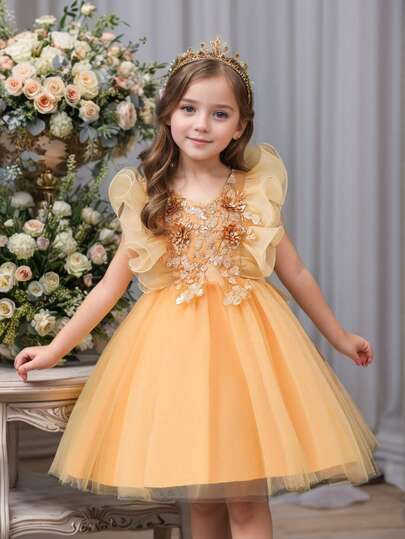 Vestido de fiesta para niñas, vestido de dama de honor de niña con falda de tul sin mangas y flores