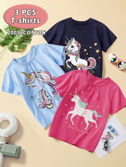 Young Girl 3pcs Casual Unicorn Cartoon Pattern Short Sleeve T-Shirts, Breathable And Fashionable For Summer