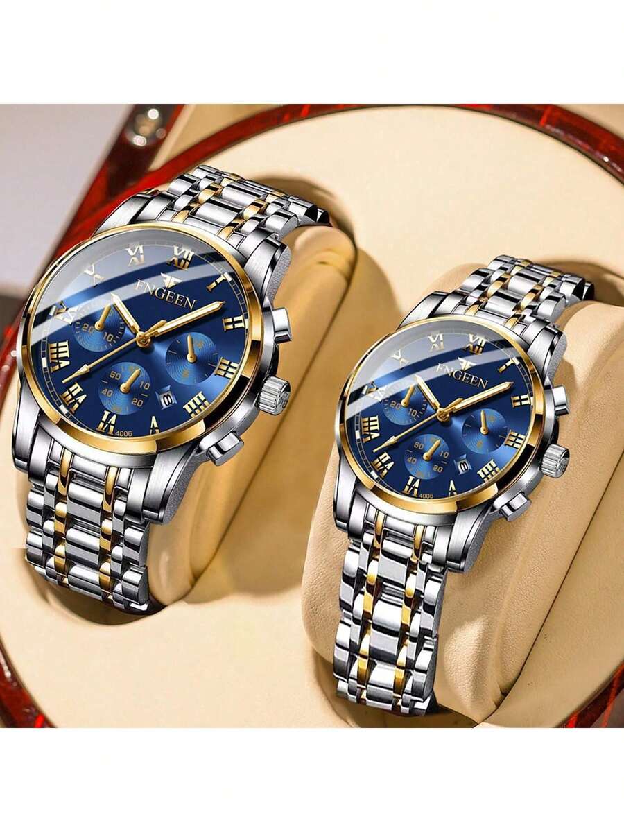 FNGEEN 2pcs/Set Couple Watch With Gold Stainless Steel Strap Roman Scale Blue Dial Calendar Display 50m Waterproof Quartz Watch For Men And Women Precise Timekeeping Japan Imported Quartz Automatic Movement - High-Quality Built-In Long-Life Japan Battery With Small Dial Decoration Valentine's Day Gift Wedding Souvenir - Blue - View 1