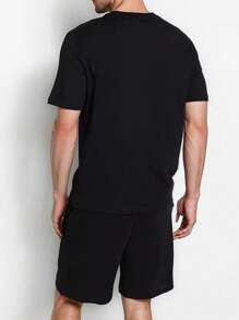 2 Pieces Men's Summer Black Crew Neck White Stripe Print Short Sleeve T-Shirt & Shorts Pajamas Set