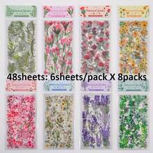 8张/套复古植物系列透明PET剪贴簿贴纸，防水透明自粘贴纸，适用于玻璃文具手账表面，无羽毛，植物主题，花卉图案贴纸