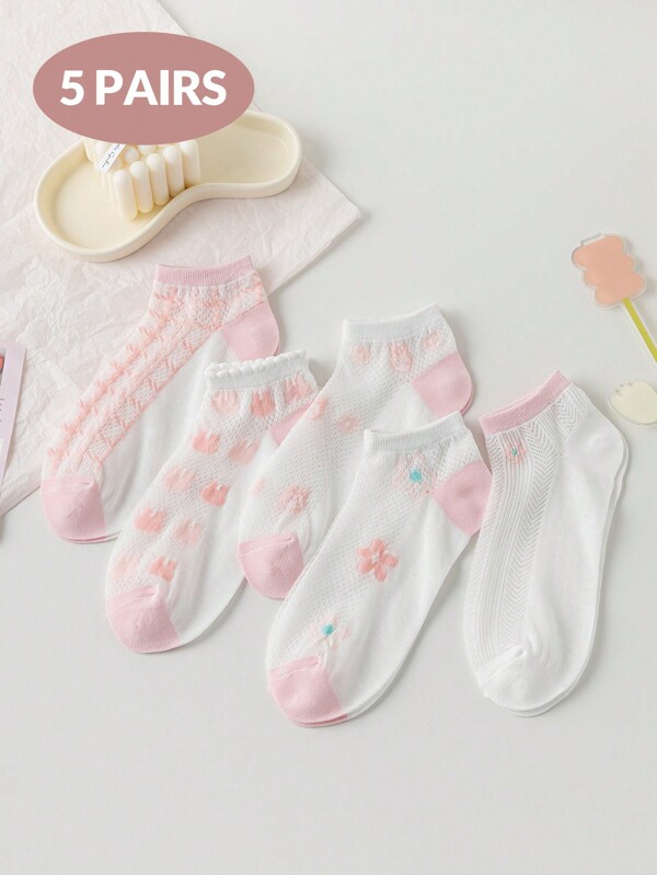 5 pares de meias femininas casuais com estampa de coelho rosa e branco, fofas e doces, comprimento até o tornozelo