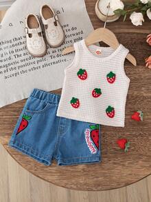 2 件套，女童时尚可爱草莓印花无袖背心 + 草莓刺绣休闲牛仔短裤