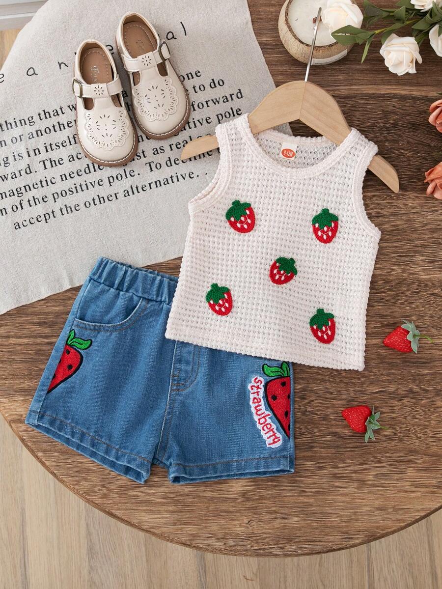 2 件套，女童时尚可爱草莓印花无袖背心 + 草莓刺绣休闲牛仔短裤