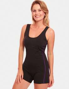 Swimsuit Water Aerobics Swimming Side Stripe + Simple Cap Backless / Backless Beach Holidays - Black/Purple - View 1