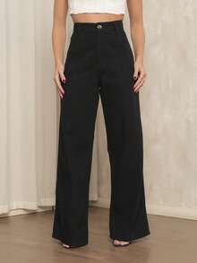 Women's Wide Leg Jeans, 100% Denim Fabric, High Waist On - Negro - Ver 2