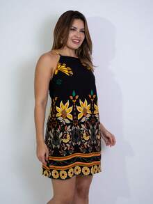 Short Printed Dress With Back Zipper - Black - View 2