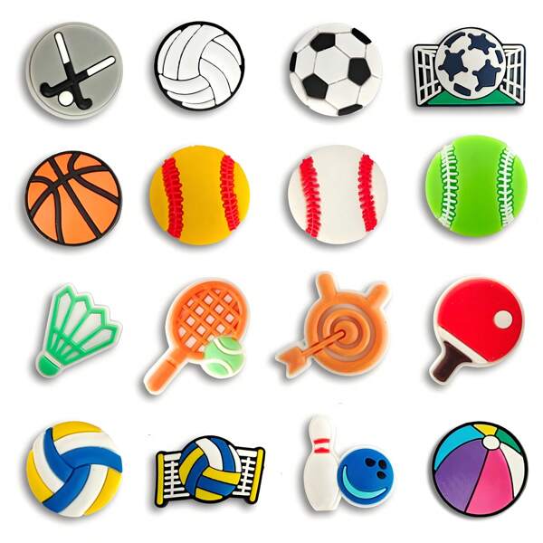 Conjunto de 16 piezas de dijes de pelotas deportivas, accesorios DIY, decoraciones para agujeros de zapatos, decoraciones para sandalias de mujer, adornos para chanclas de playa, clips para zapatos, flores para zapatos, voleibol, fútbol, baloncesto, ping pong, tenis