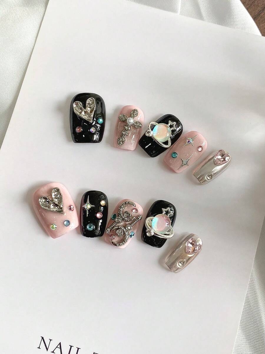 Un conjunto de colores negro y rosa, planeta dulce y fresco, uñas postizas hechas a mano lindas y dulces para chicas, salto de color negro clásico y fresco, adecuado para fiestas, cumpleaños y otras ocasiones, suministros de uñas - Multicolor - Ver 1