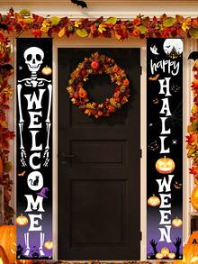 2pcs/Set Halloween Decorations Door Banners, Happy Halloween Hanging Flags, Trick Or Treat Decoration For Halloween, Halloween Pumpkin Skull Design Door Curtain Couplet, Halloween Party Front Door Hanging Banner Cloth, Halloween Porch Sign, Halloween Supplies, Halloween Decor, Halloween Door Decor, Wall Decor, Indoor Outdoor Decor, Halloween Home Decor, Room Decor, Halloween Backdrop Supplies, Halloween Party Gifts, Party Favors Fall Decor Autumn Decor