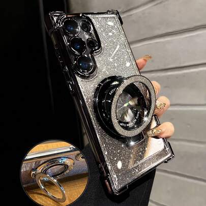 奢华电镀透明手机壳，带指环支架和磁吸支架，防震，镶钻闪亮，Y2K风格，时尚硅胶软壳保护套，兼容 16/16E/15/14/13/12/11/X/XS/XR/8/7 Plus/Pro/Max/Mini，兼容Galaxy S24/S25 Ultra，兼容小米、红米、荣耀、OPPO Reno、摩托罗拉、Infinix Women 2025
