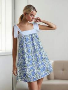 Women Floral Tie Shoulder Mini Dress Cute Square Neck Loose Fit Beach Short Dress Backless Boho Vocation Sundress - 藍色 - 查看 7