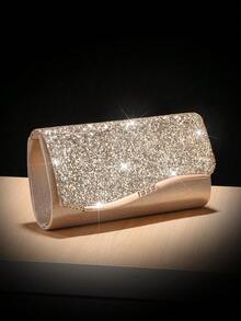 1pc Fashion Metal Edged Korean Style Women's Dinner Party Handbag With Magnetic Clasp, Shoulder & Clutch Bag, Satin Material - Champagne - View 4