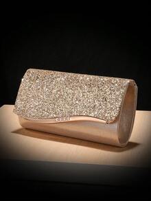 1pc Fashion Metal Edged Korean Style Women's Dinner Party Handbag With Magnetic Clasp, Shoulder & Clutch Bag, Satin Material - Champagne - View 3