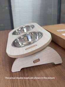 1pc Cat Tilted Feeding/Water Bowl With Wooden Stand, Protects Neck, Detachable Stainless Steel Pet Bowl (For Cats) - View 9