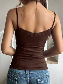GAOVOT Women's Lace Patchwork Camisole, Sexy Fitted Y2K Style, Spring/Summer - Brown - View 2