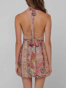 Womens Boho Floral Print Halter Neck Bodycon Dress Summer V Neck Sleeveless Backless Ruched Party Mini Dress Beach Vacation Sundress - 彩色 - 查看 4