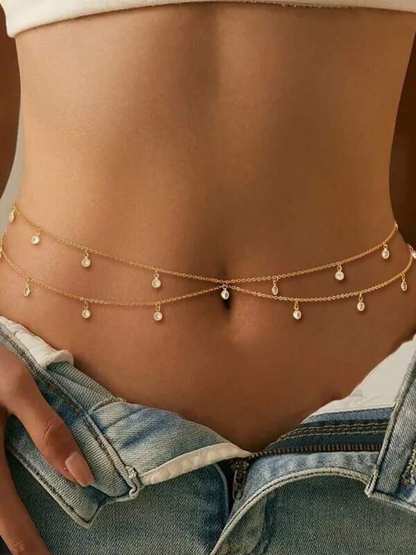 1pc Fashionable Retro Personalized Design Sense Dual-Layer Tassel Rhinestone Decoration Waist Chain, Versatile For Women's Daily Wear, Evening Parties, Gifts