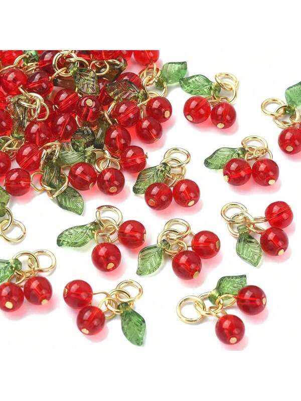 10 Stücke rote Kirsche Anhänger aus Glas & Acryl Perlen Mini niedliche Obst Perlen Anhänger mit goldenen 304 Edelstahl Sprungringen für Ohrringe, Armbänder, Halsketten, Schmuckherstellung, DIY Handwerke