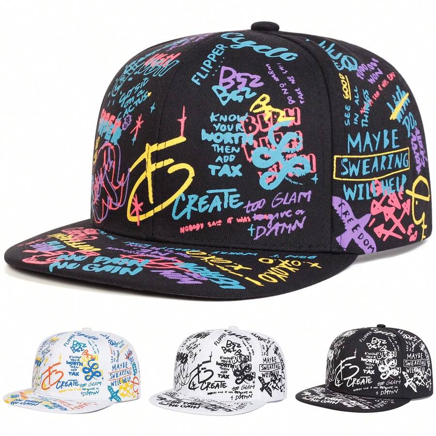 1顶男士88色涂鸦棒球帽，时尚街头嘻哈风，户外休闲网眼帽，适合春季、秋季、旅行、海滩等场合。 - 彩色 - 查看 1