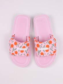 Women's Summer Fruit Print Slip-On Sandals - Comfortable Beach And Casual Flat Slides, Adjustable Strap, Breathable Fabric Upper, EVA Sole, Suitable For Indoor/Outdoor Use