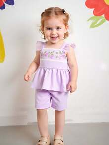 2 件套年轻女孩休闲花卉刺绣吊带背心和短裤套装，适合夏季户外、日常、休闲旅行 - 紫色 - 查看 3