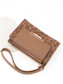 女士短款拼色钱包，时尚豹纹和木纹多功能卡包，别致按扣开合大容量拉链零钱包，适合年轻学生，节日便捷礼物 - 棕色 - 查看 6