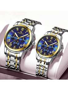 FNGEEN 2pcs/Set Couple Watch With Gold Stainless Steel Strap Roman Scale Blue Dial Calendar Display 50m Waterproof Quartz Watch For Men And Women Precise Timekeeping Japan Imported Quartz Automatic Movement - High-Quality Built-In Long-Life Japan Battery With Small Dial Decoration Valentine's Day Gift Wedding Souvenir - Blue - View 3