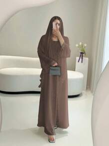 Open Abaya Set With Lace Trim, Sleeveless Inner Dress & Chiffon Headscarf - Lightweight, Modest & Breathable For Spring/Summer