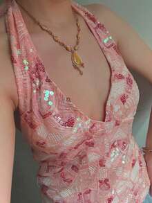 Womens Tank Tops Casual Fashion V Neck Halter Tie Sequin Sparkle Summer Slim Fit Camisole Sleeveless Cami Top - 粉色 - 查看 2