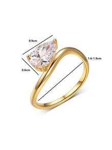 1pc Fashionable European & American Style Copper-Plated Teardrop Zirconia Ladies Single Ring, Engagement, Proposal, Daily Accessory, Anniversary, Birthday, Holiday Gift - Gold - View 5