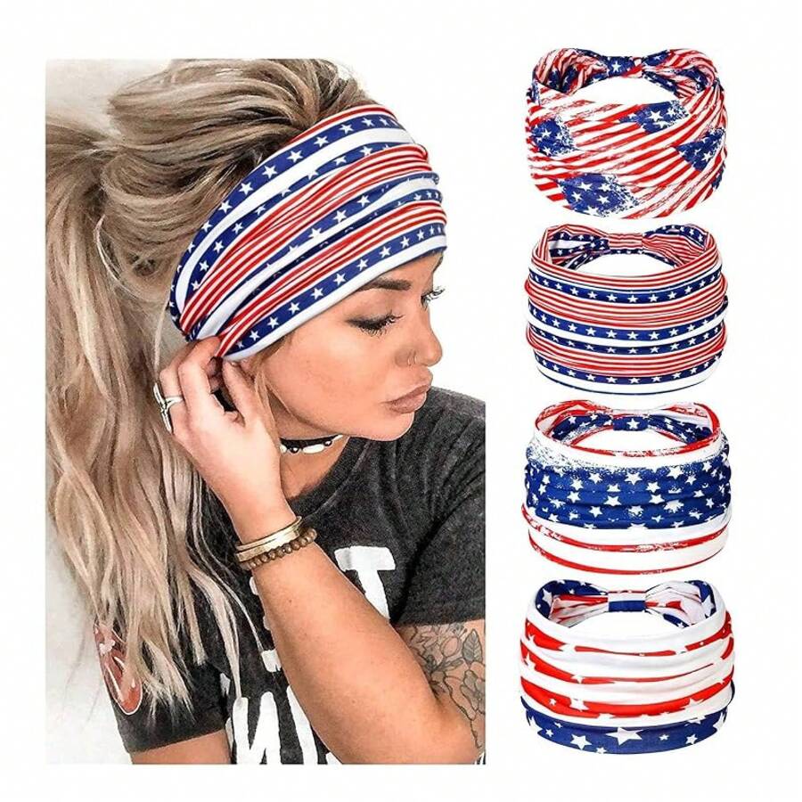 4th Of July Womens Headband Independence Day Hair Accessories Patriotic Wide Headbands Women Red And Blue Hairband American USA Party Decor (Pack Of 4)