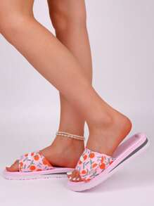 Women's Summer Fruit Print Slip-On Sandals - Comfortable Beach And Casual Flat Slides, Adjustable Strap, Breathable Fabric Upper, EVA Sole, Suitable For Indoor/Outdoor Use