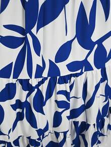 Elegante Vestido Largo Sin Mangas Para Mujer,Vestido Tank Con Cuello en V Y Estampado De Plantas En Blanco Y Negro, Dobladillo Con Volantes - Azul y blanco - Ver 4