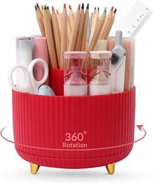 360 Rotación de bolígrafo púrpura y organizador de suministros de arte, organizador de computadora de 5 ranuras para oficina, escuela, hogar - Rojo - Ver 8