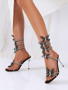 Snake-Wrap High Heels Supplied Directly From Factory, Fashionable Runway Design With Floral Rhinestone Decor Stiletto Women's Sandals - Black - View 3
