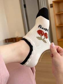 3 Pairs Of Women Thin Breathable Invisible Socks In White, Cherry Red, Mesh, And Lace Design, Cute & Aesthetic Style For Spring/Summer, Suitable For Daily Wear, Party, Date, School, Holiday Gift Christmas Gift - Multicolor - View 2