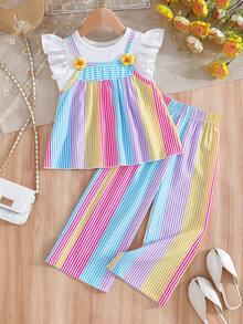 [Dreamy Rainbow . Playful Blooms] Ruffled Sleeve Meets 3D Flower Camisole + Wide Leg Pants Set, Girls Sweet Stripes Outfit, Energetic & Lovely, Suitable For Children's Daily Wear, Leisure, Travel And Outdoor - Multicolor - View 1