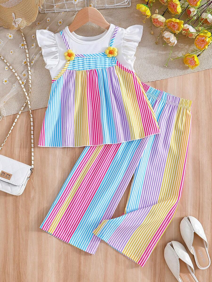 [Dreamy Rainbow . Playful Blooms] Ruffled Sleeve Meets 3D Flower Camisole + Wide Leg Pants Set, Girls Sweet Stripes Outfit, Energetic & Lovely, Suitable For Children's Daily Wear, Leisure, Travel And Outdoor - Multicolor - View 1